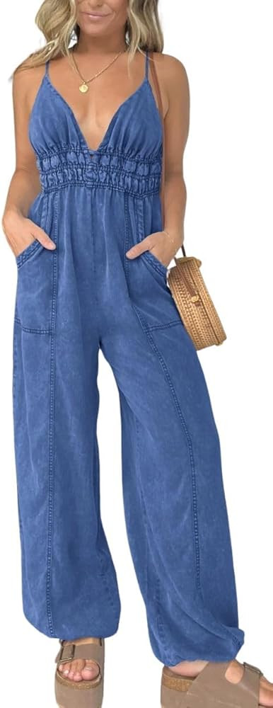 utcoco Womens Smocked Elastic Waist Denim Jumpsuit Sleeveless Adjustable Straps Wide Leg Jeans Ov... | Amazon (US)