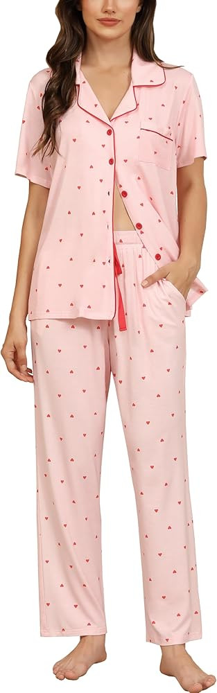 Samring Women Pajamas Sets 2 Piece Short Sleeve Soft Sleepwear Pjs Lounge Set Button Down Nightwe... | Amazon (US)