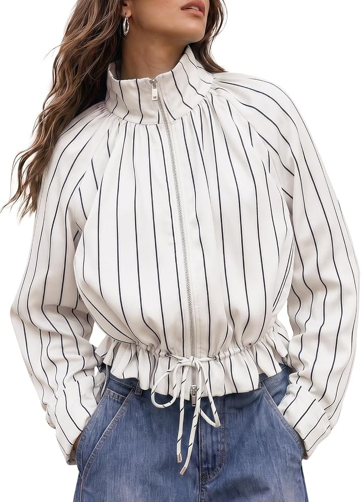Fisoew Womens Casual Striped Jackets Stand Collar Zip Up Fall Cropped Coat | Amazon (US)