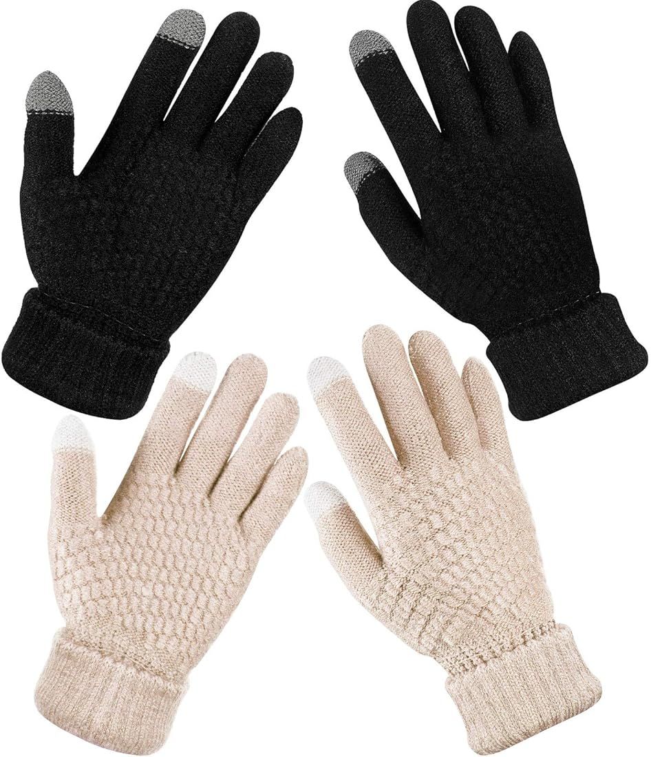 2 Pairs Women's Winter Touchscreen Gloves Warm Fleece Lined Knit Gloves Elastic Cuff Winter Texti... | Amazon (US)