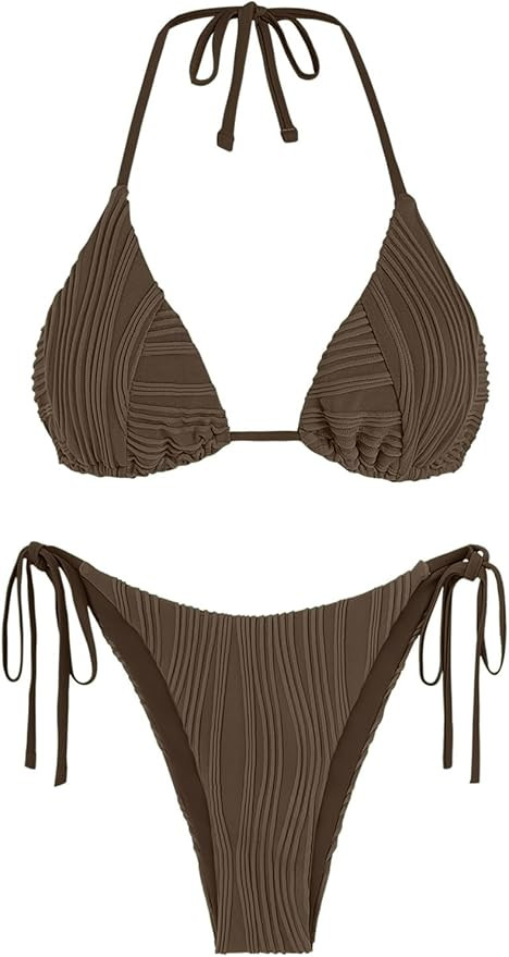 ZAFUL Bikini Sets for Women Halter Two Piece Swimsuit Ribbed High Cut Tie Side Thong Bathing Suit... | Amazon (US)