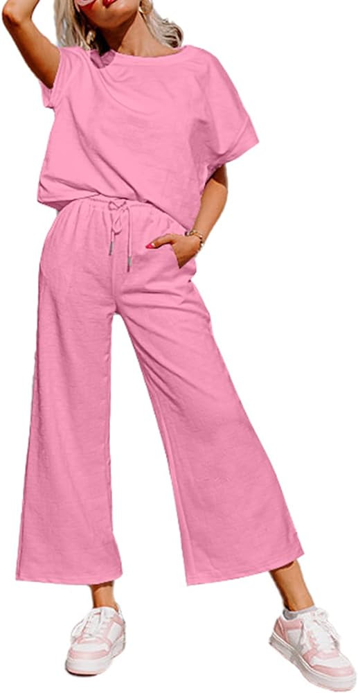 Glamaker Womens 2 Piece Outfits Lounge Sets Short Sleeve Loose Fit Top and Wide Leg Pants Set Swe... | Amazon (US)