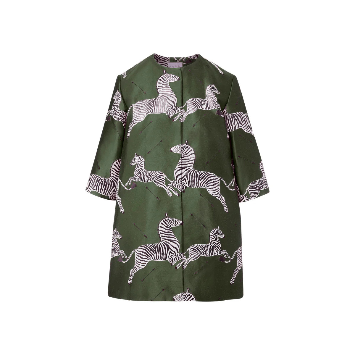 mae x scalamandre audrey coat in olive jumping zebras | MAE New York