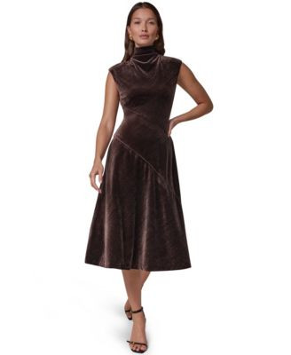 Donna Karan New York Women's Mock Neck Crinkled Velvet A-Line Dress - Espresso | Macy's