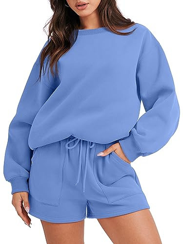 ANRABESS Women 2 Piece Outfits Sweat Shorts Sets 2026 Oversized Casual Lounge Matching Set Sweatsuit Tracksuit Fall Clothes Sky Blue Medium | Amazon (US)