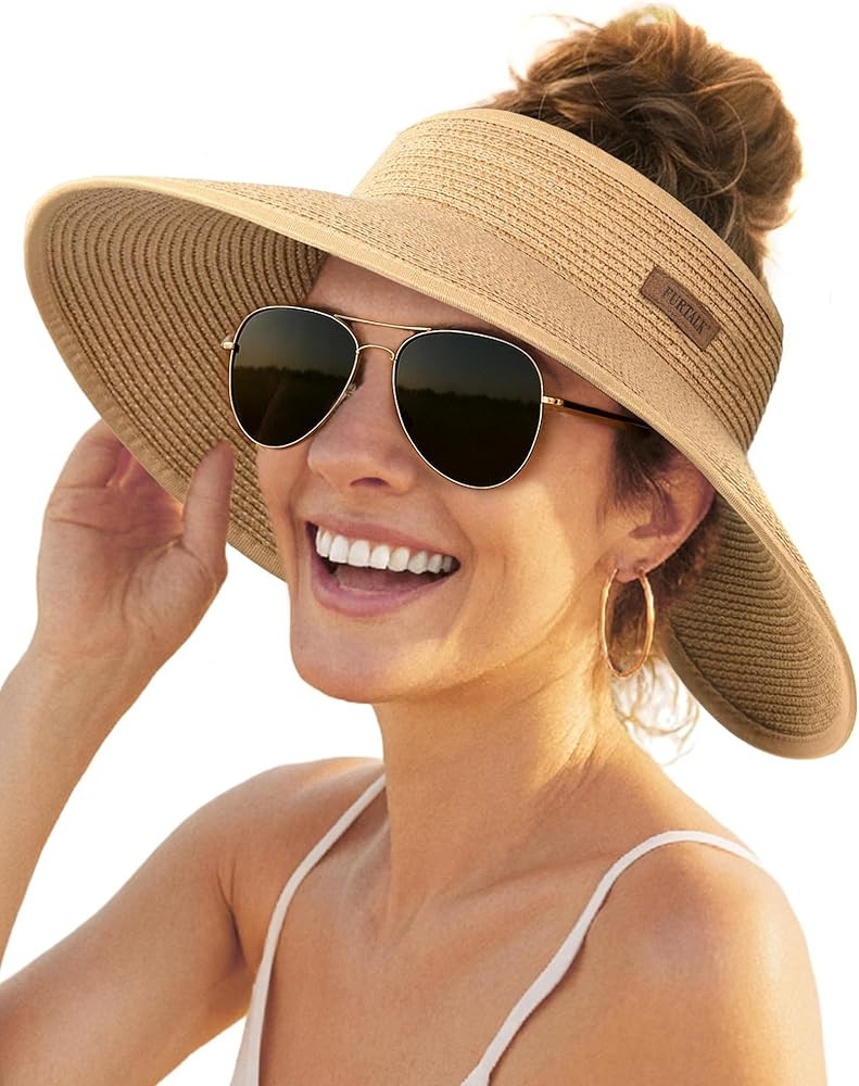 FURTALK Sun Hats for Women Wide Brim Beach Hat Straw Visor Ponytail Summer UV Packable Foldable B... | Amazon (US)