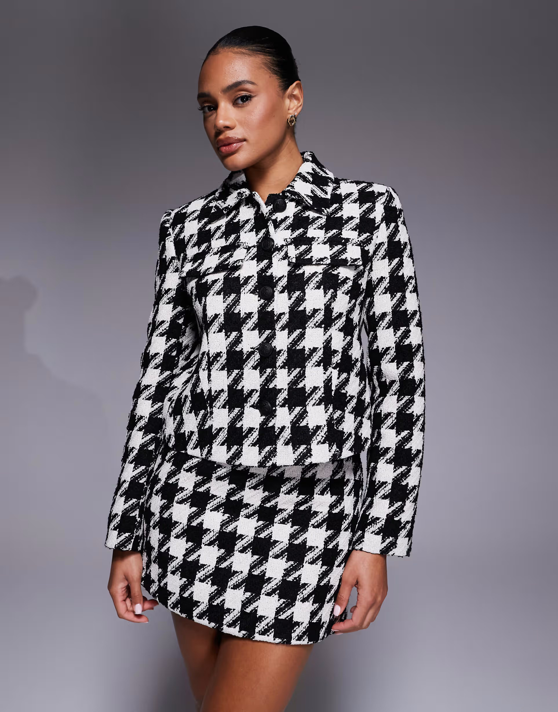 River Island dogtooth two pocket cropped jacket in black | ASOS (Global)
