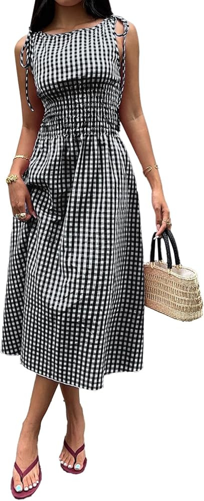 Acelitt Summer Maxi Dresses for Women 2026 Smocked Waist Gingham Dress Flowy A Line Beach Long Su... | Amazon (US)