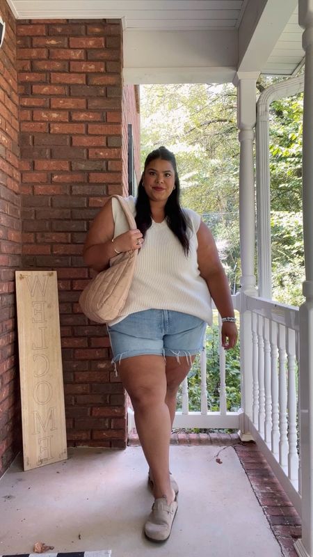 Transitional fall outfit inspo! I’m in the mood for fall but Georgia is not 🥵 it’s so hot here! Loving the sweater vest and jean short combo and you can’t forget my favorite Birkenstock clog dupes 🤍🍂 #amazonfinds #plussizefashion #plussizefallfashion #transitionalfallfashion #fallfashion2023 

#LTKcurves #LTKshoecrush #LTKstyletip