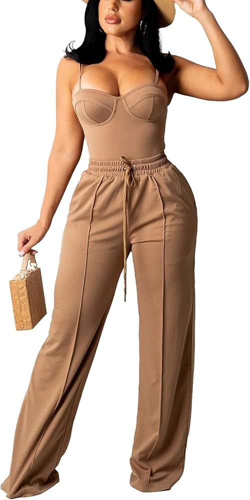 Bluewolfsea Women Sexy 2 Piece Outfits Jumpsuit Summer Sleeveless Cami Crop Top Wide Leg Long Pan... | Amazon (US)