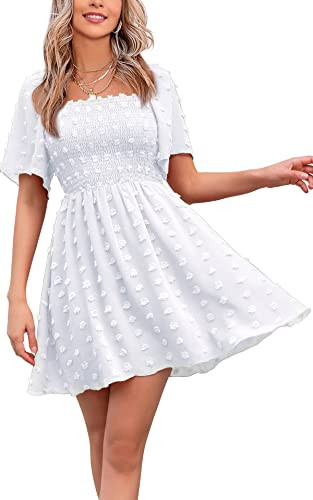 EXLURA Women's Summer Flowy Mini Sundress Square Neck High Waist Swiss Dot Smocked Ruffle Short Flutter Sleeve Dress White | Amazon (US)