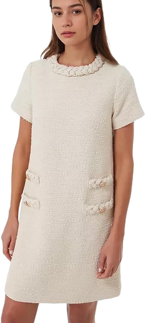 Womens Tweed Jackie Dress Elegant Crew Neck Short Sleeve Button Bodycon Mini Dress | Amazon (US)