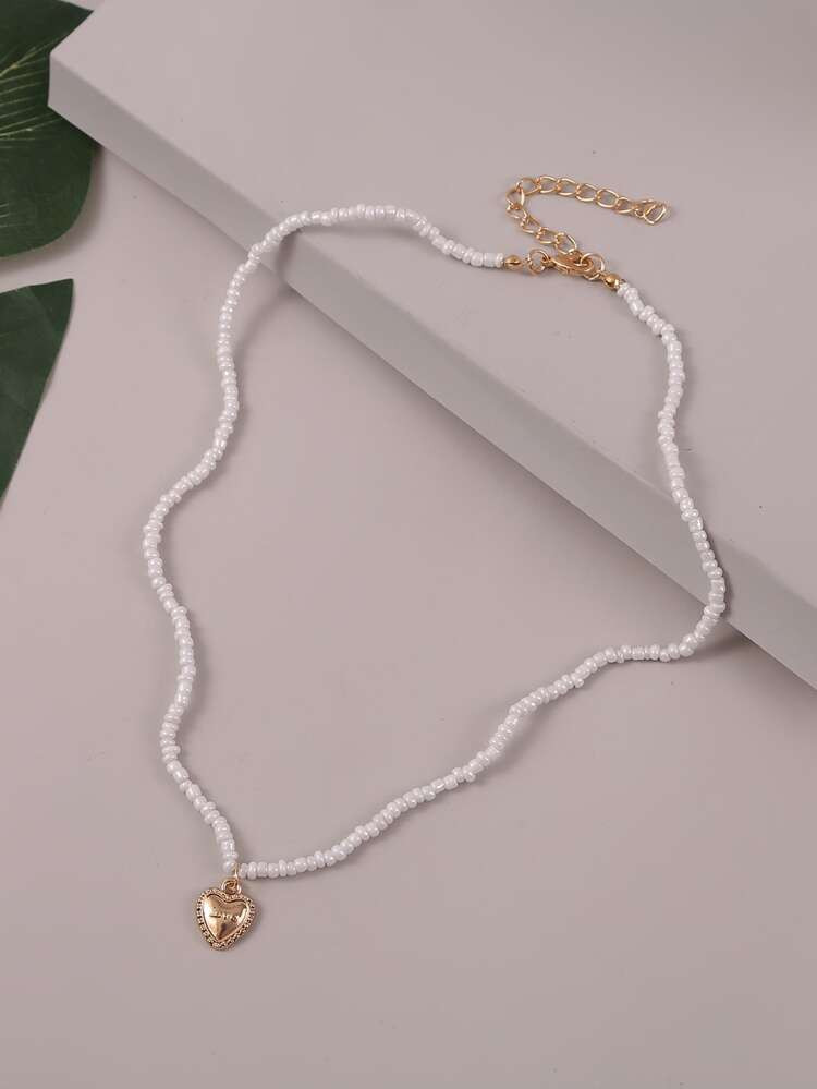 Heart Charm Beaded Necklace | SHEIN