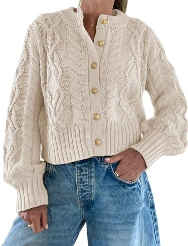 Watashi Women Sweater Casual Button Down Cable Knit Long Sleeve Cardigan Crewneck Lightweight Kni... | Amazon (US)