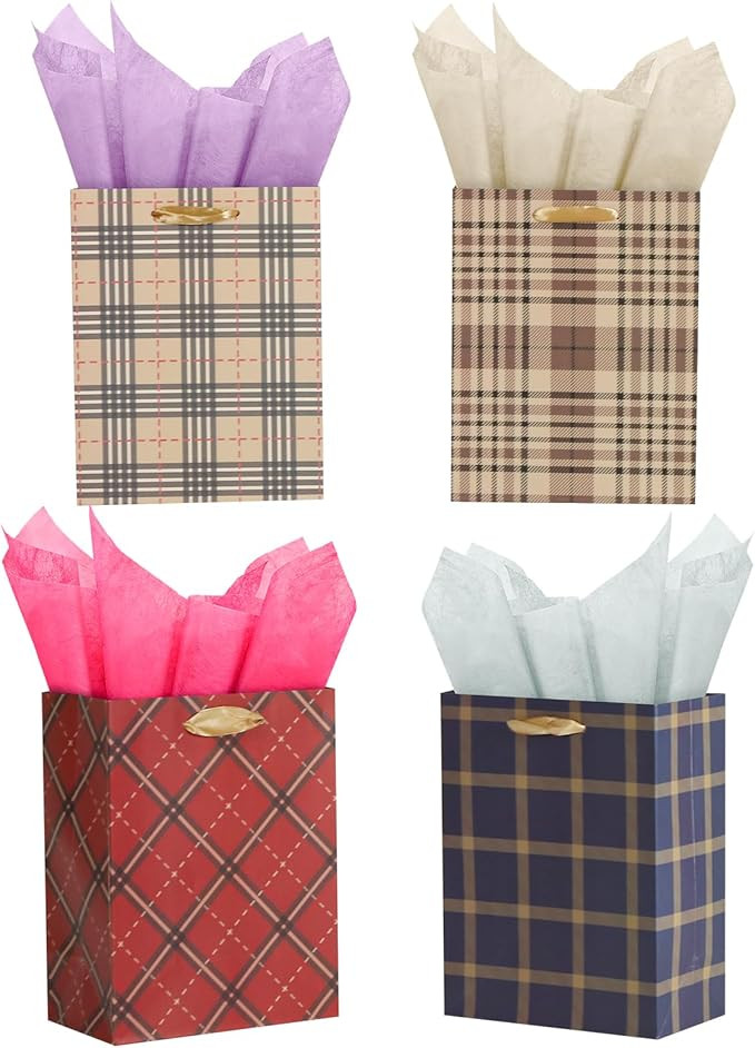 Bloomwords 9” Small Gift Bag, Plaid Gift Bag with Tissue Paper for Baby Showers, Birthdays, Wed... | Amazon (US)