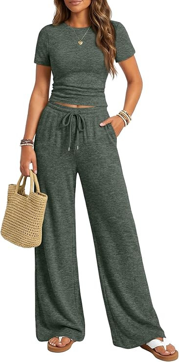 Trendy Queen Womens 2 Piece Lounge Matching Sets Wide Leg Pants Crew Neck Short Sleeve Shirt Swea... | Amazon (US)