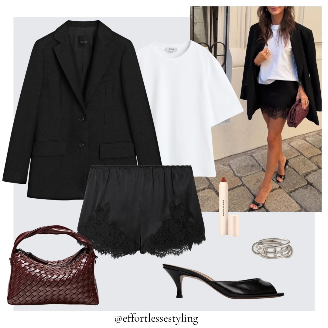 Smart casual lace trimmed shorts outfit. 

Black linen blend blazer, white oversized t-shirt, black leather peep toe heels, burgundy woven mini bag, dark pink lip crayon, silver ring stack. 

#LTKuk #LTKdatenight #LTKspring