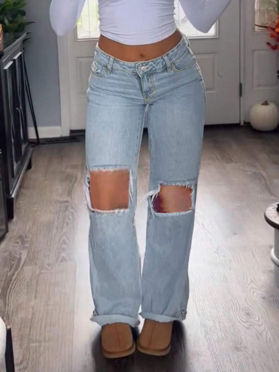 American Simple Casual Ripped Cool Women's Mid-Waist Straight-Leg Jeans With Pockets | SHEIN