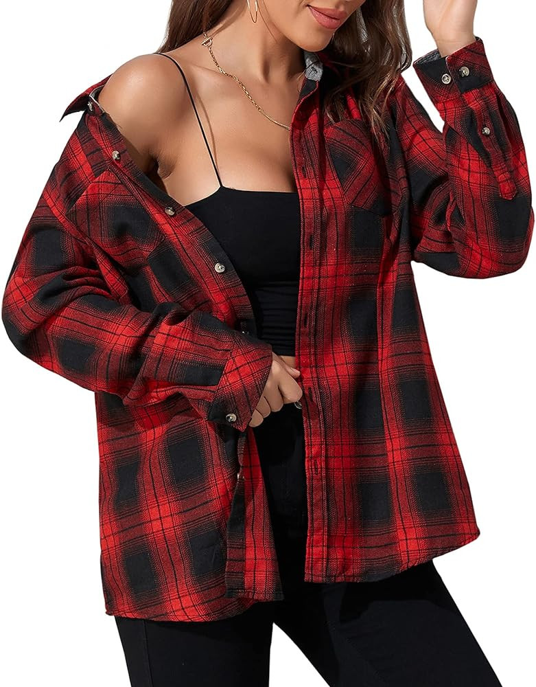 Deer Lady Plaid Flannel Shirts for Women Buffalo Plaid Shirts Oversized Long Sleeve Casual Button... | Amazon (US)