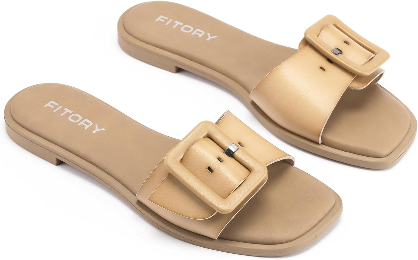 FITORY Women's Flat Sandals Fashion Square Toe Slides with Adjustable Buckles for Summer | Amazon (US)