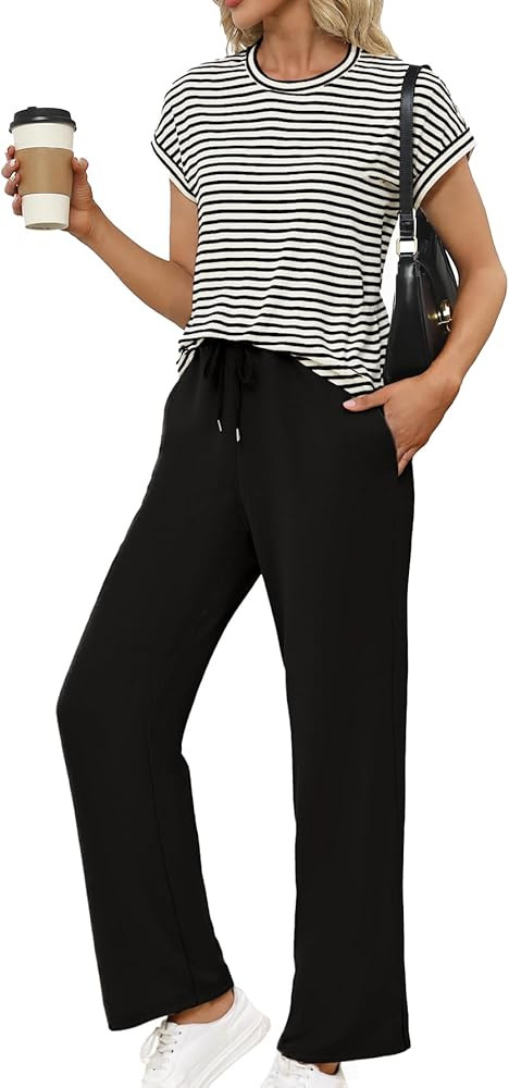 Glamaker Women's 2 Piece Sets Striped Summer Outfits Short Sleeve Shirts Wide Leg Pants Casual Lo... | Amazon (US)