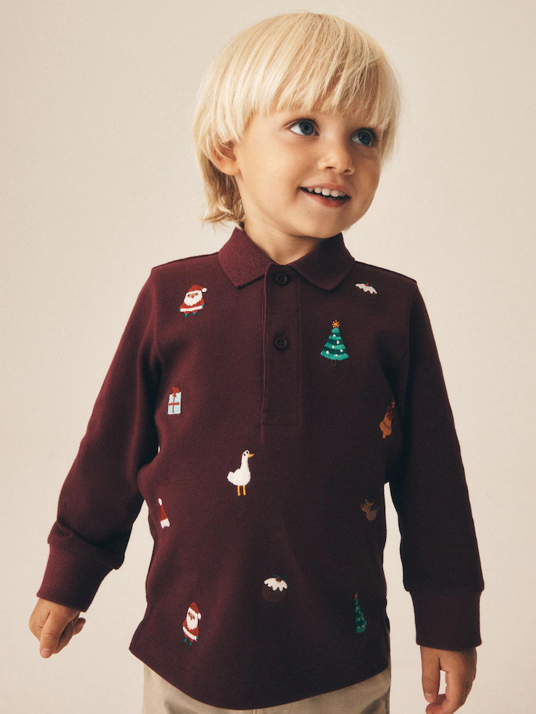 Burgundy Red Long Sleeve Christmas Embroidered Polo Shirt (3mths-7yrs) | Next US
