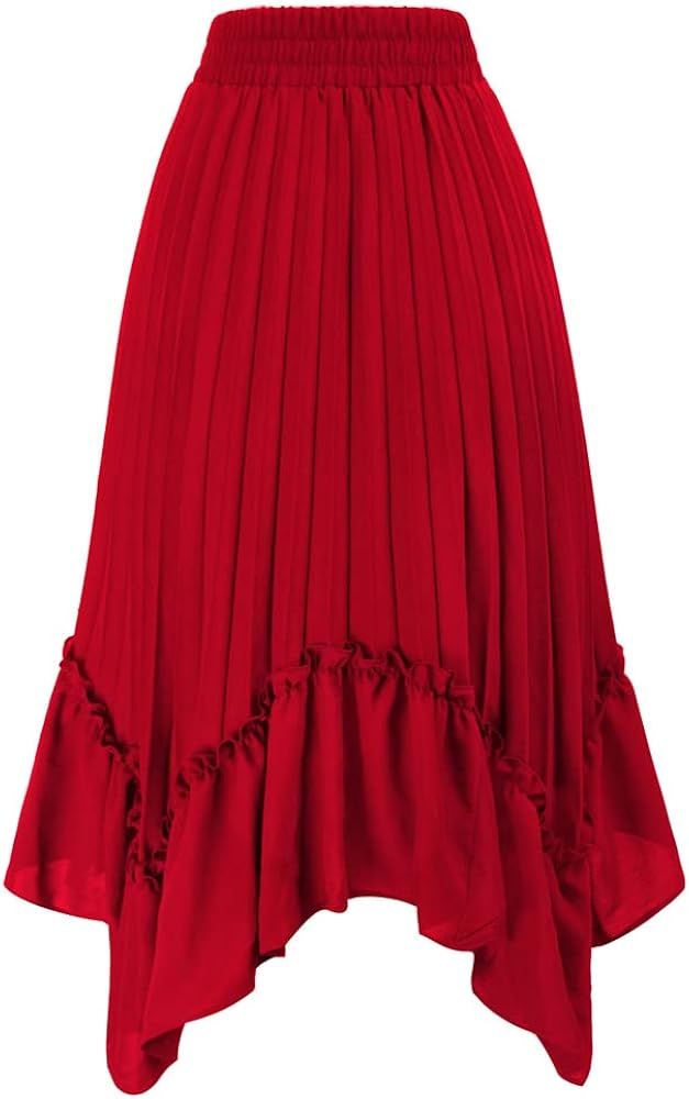Kate Kasin Women's Pleated Elastic High Waist A Line Ruffle Swing Midi Skirts | Amazon (US)