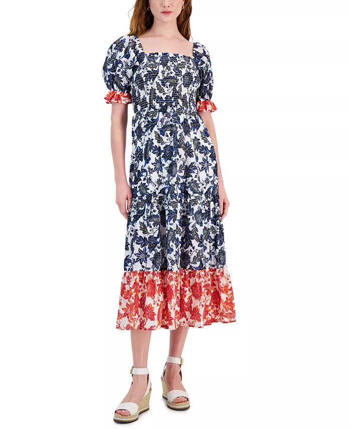 Tommy Hilfiger Women's Batik Floral Colorblocked Smocked Dress - Macy's | Macys (US)