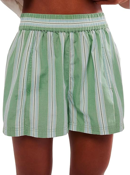 Women Striped Boxer Shorts Elastic High Rise Pajama Bottoms Shorts Casual Lounge Shorts with Pock... | Amazon (US)
