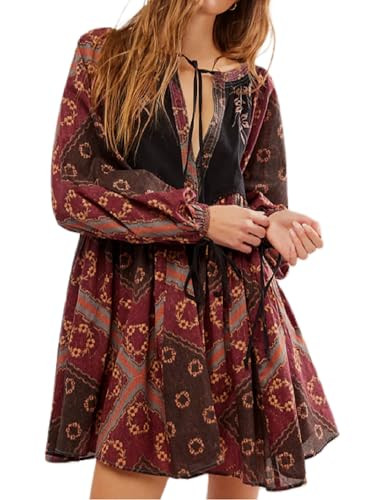 Women Boho Babydoll Short Dress Vintage Floral V Neck Mini Shirt Dress Bohemian Puff Sleeve Flowy Summer Sundress(Wine Red,Small) | Amazon (US)