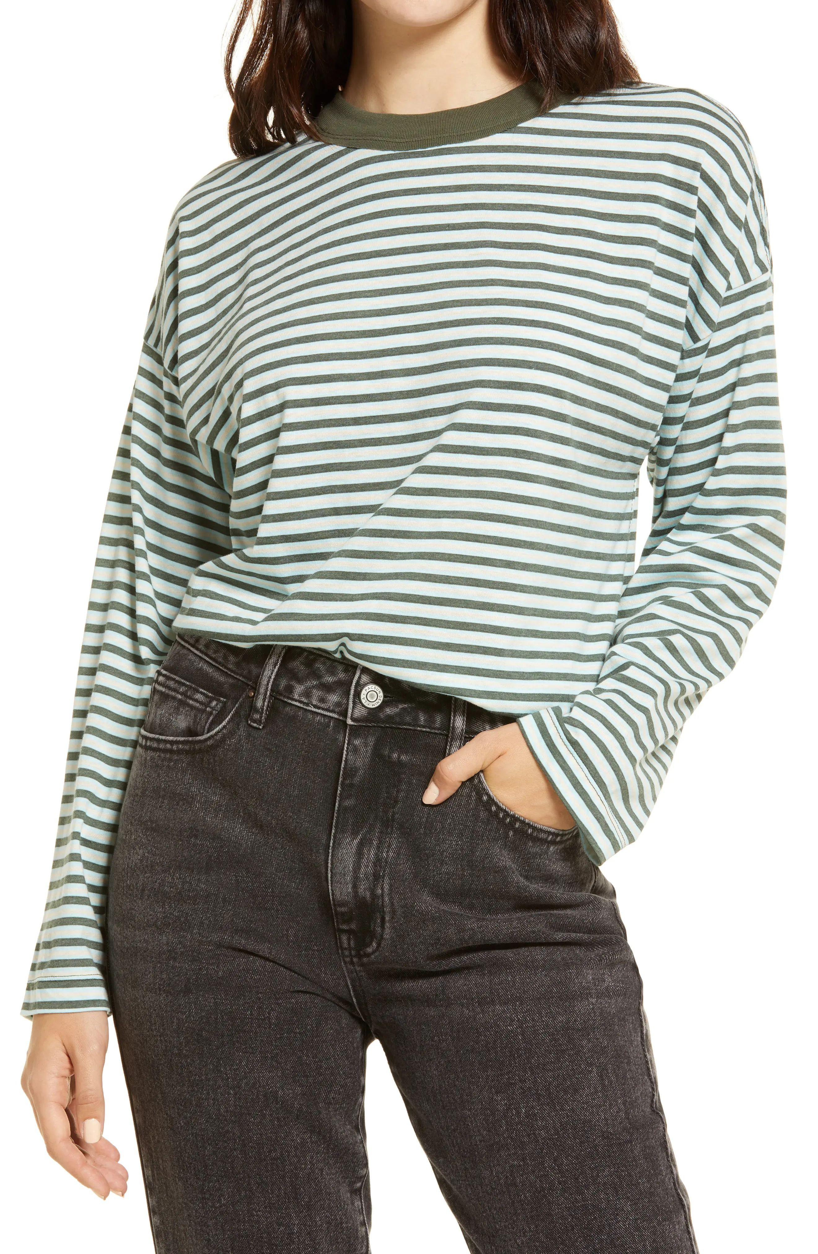 BP. Stripe Oversize Long Sleeve T-Shirt, Size Medium in Blue- Olive Harriet Stripe at Nordstrom | Nordstrom