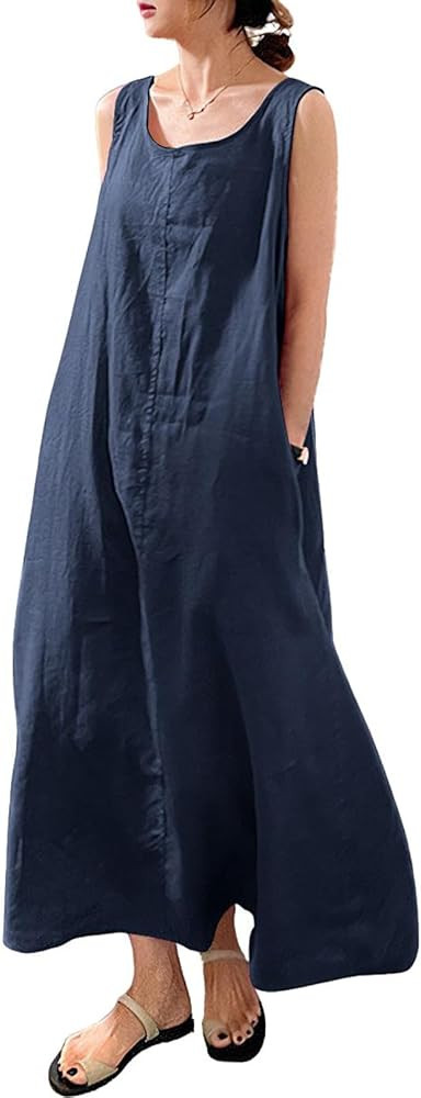 chouyatou Women's Summer Casual Sleeveless Cotton Sun Dress Maxi Tunic Tank Beach Dress with Pock... | Amazon (US)