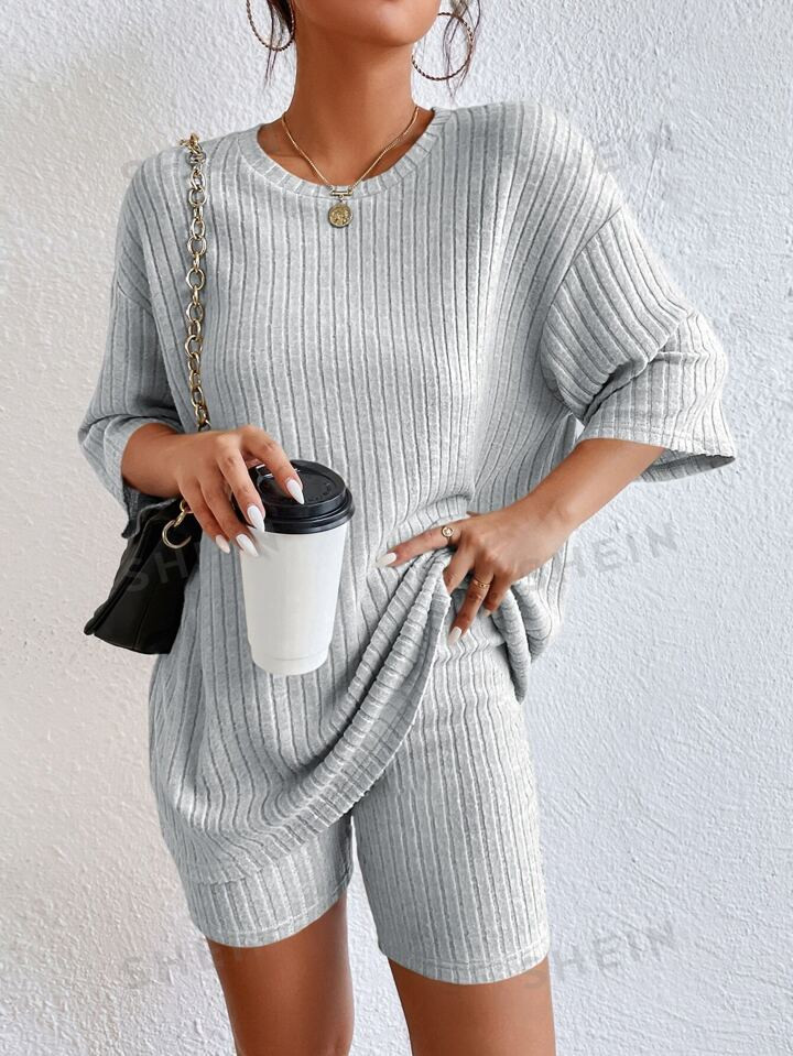 SHEIN Essnce Drop Shoulder Ribbed Knit Tee & Biker Shorts | SHEIN
