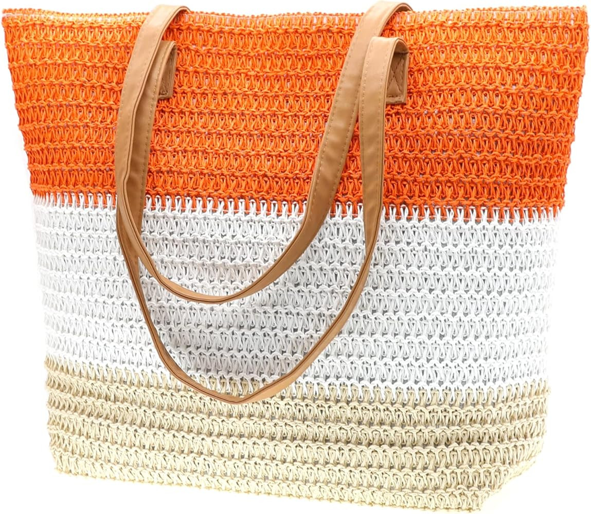 Large Straw Tote Bag for Women Rattan Woven Straw Beach Bag Purse Colored Stripe Shoulder Bags Ha... | Amazon (US)