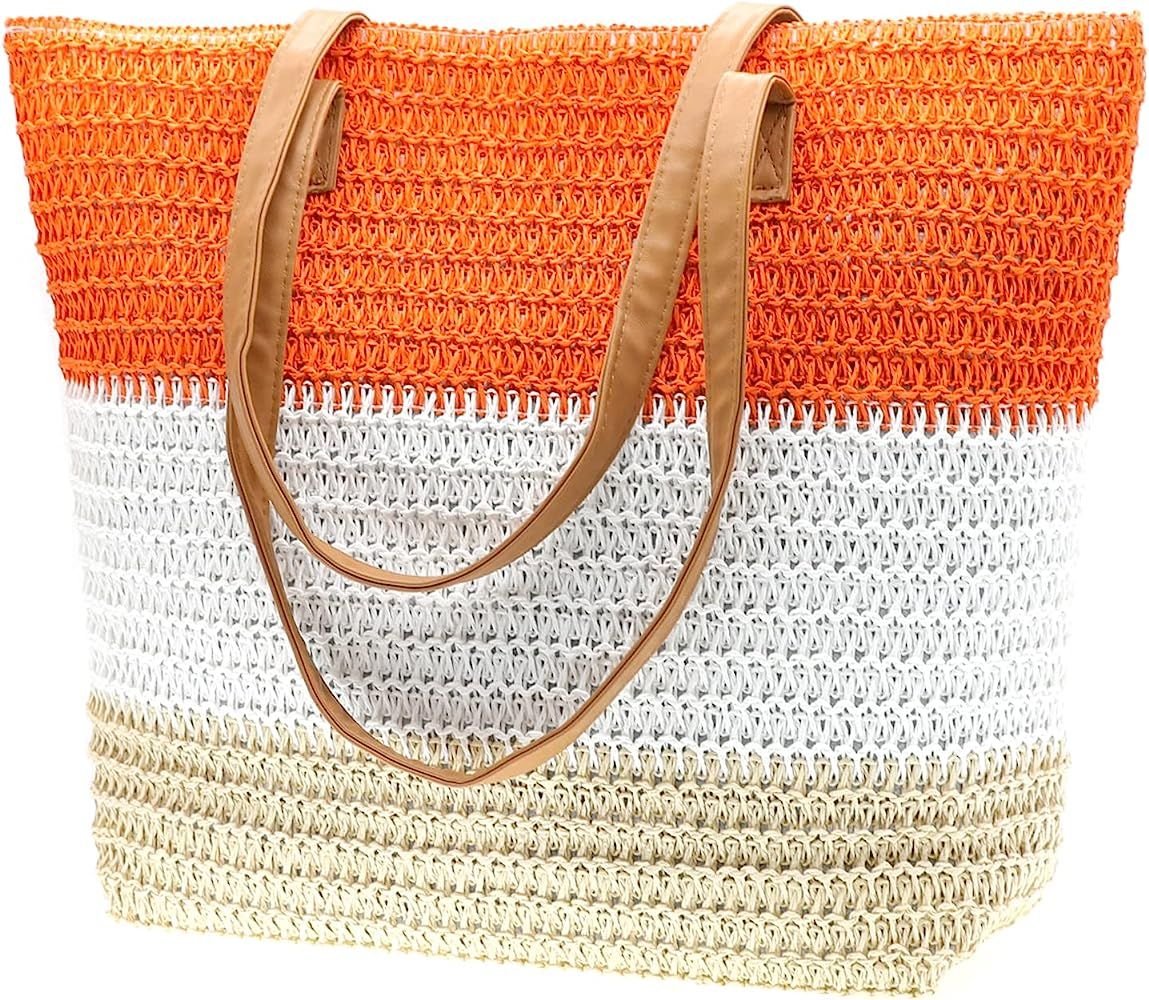 CIOOU Large Straw Tote Bag for Women Rattan Woven Beach Bag Summer Colored Stripe Shoulder Bags H... | Amazon (US)