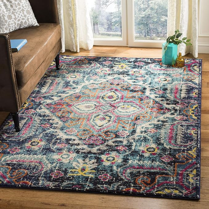 Amazon.com: SAFAVIEH Monaco Collection 5'1" x 7'7" Blue / Fuchsia MNC252J Boho Chic Medallion Dis... | Amazon (US)