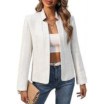 Mina Self 2026 Spring Women's Tweed Plaid Blazer Jacket - Fully Lined Open Front Stand Collar Cas... | Amazon (US)