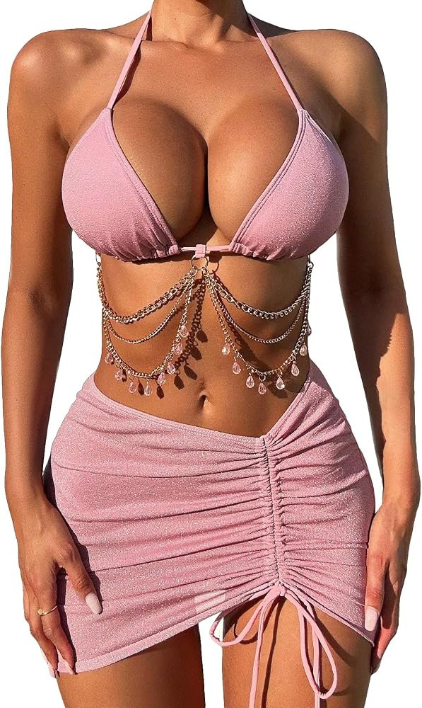 COZYEASE Women's 3 Piece Bikini Set Backless Halter Neck Triangle Chain Swimsuit Set with Beach S... | Amazon (US)