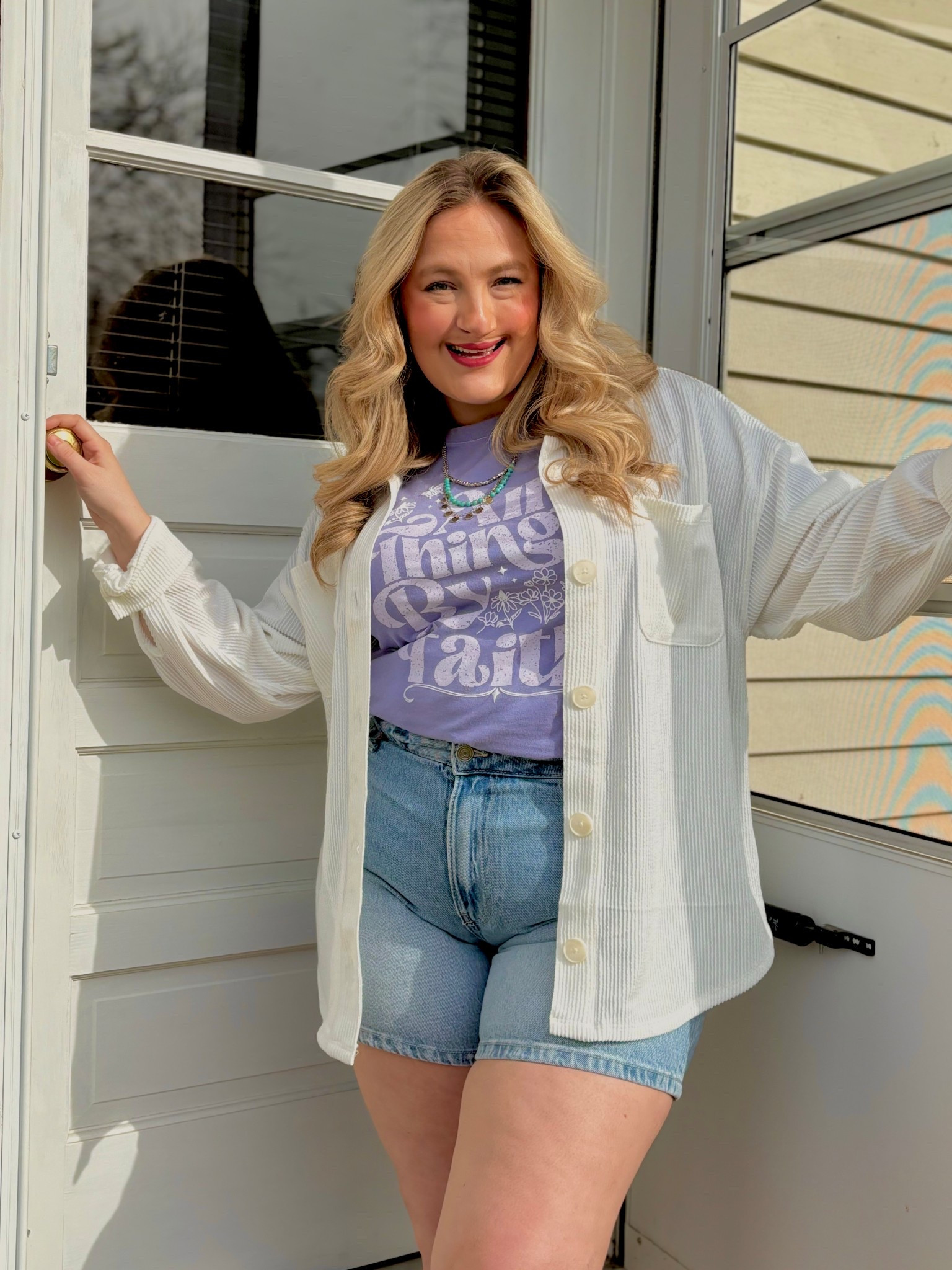 Stepping out in style—faith first, fashion second. ✨☁️ Rocking my new white wavy ribbed shacket for the perfect layering moment, paired with 6-inch denim shorts for that effortless vibe. #discovermaurices #mbassador #AllThingsByFaith #EffortlessVibes #ShacketSeason #DenimDays #maurices
