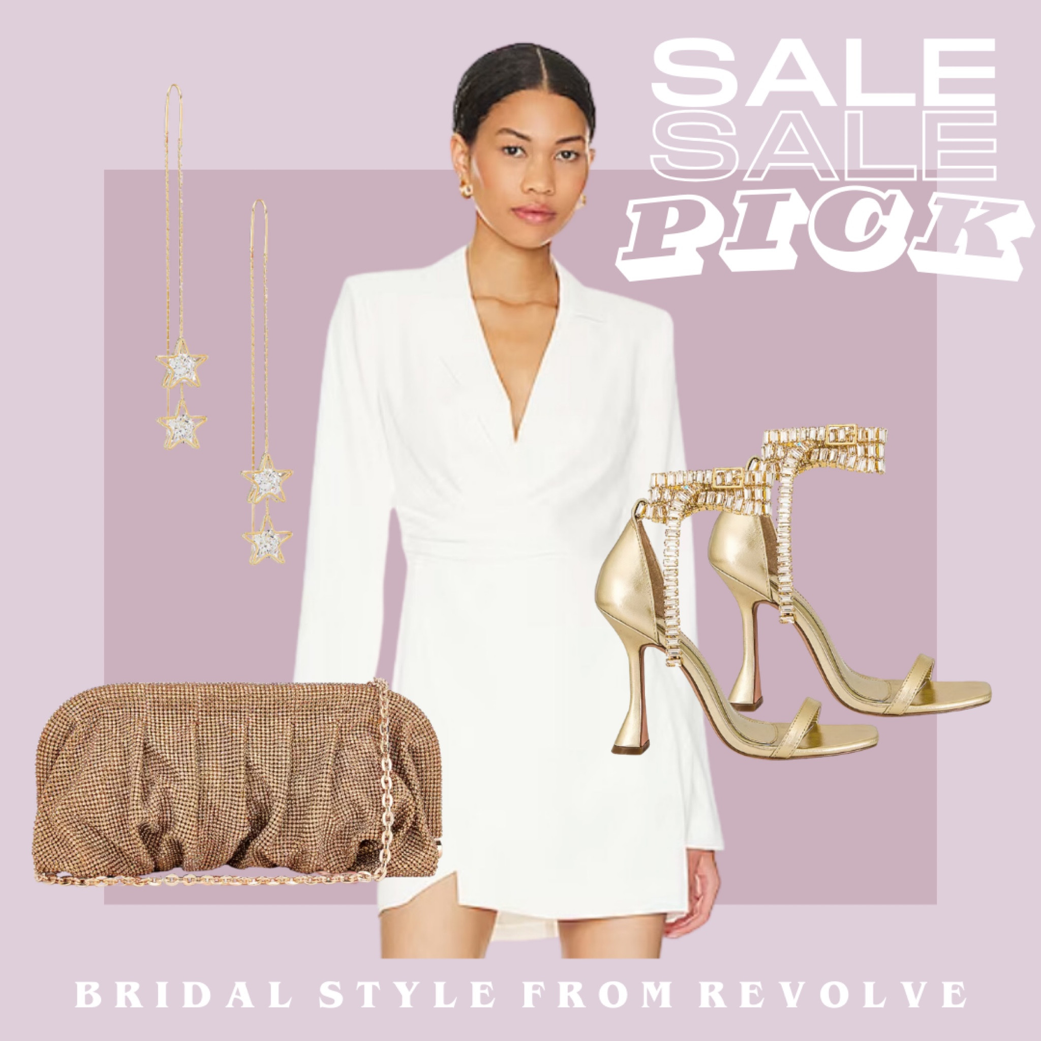 Bridal revolve fashion! Outfit for the bride. Bridal shower, wedding shower, bachelorette outfit, gold heels, gold handbag, dangly earrings, star earrings. Blazer dress, white dress #bride #bachelorette all on SALE from revolve! 

#LTKsalealert #LTKwedding