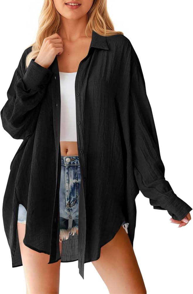 Saodimallsu Womens Oversized Button Down Shirts Long Sleeve Irregular Hem Blouse Tops | Amazon (US)