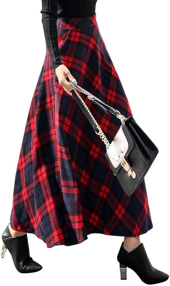 IDEALSANXUN Long Plaid Wool Skirts for Womens High Waist Aline Pleated Long Winter Skirts | Amazon (US)
