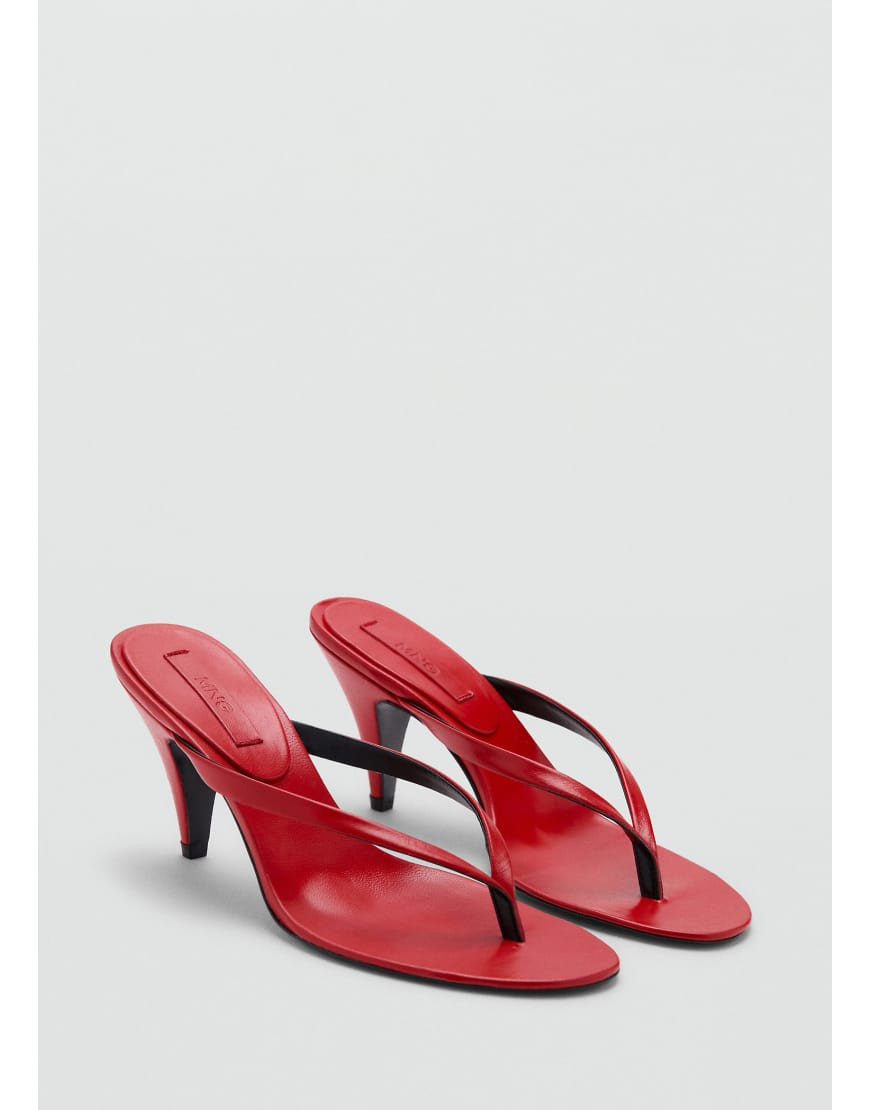 Mango starring Hailey Bieber 100% leather thong heeled sandal in red | ASOS (Global)