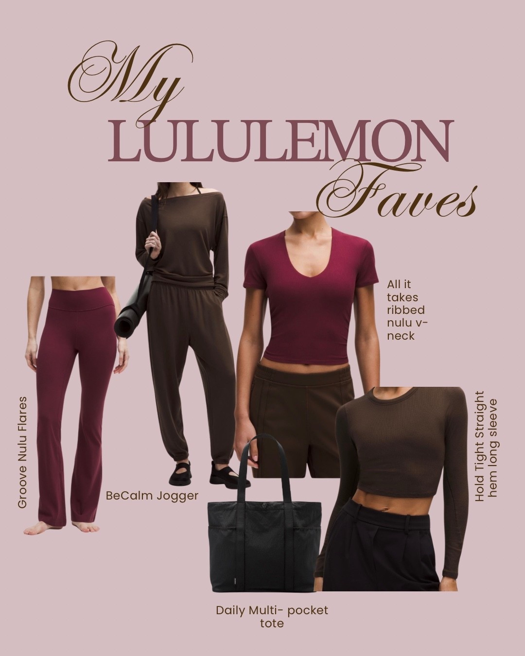 Obsessed is an understatement 🤎🍷

These are my current Lululemon faves — the perfect mix of comfy + put together. From the ribbed V-neck to the softest joggers and the everyday tote I grab on repeat… she’s effortless.

Whether you’re running errands, heading to Pilates, or just want that “I didn’t try but still look good” vibe — this lineup does it every time.

#LTKFinds #LululemonStyle

#LTKActive #LTKootd