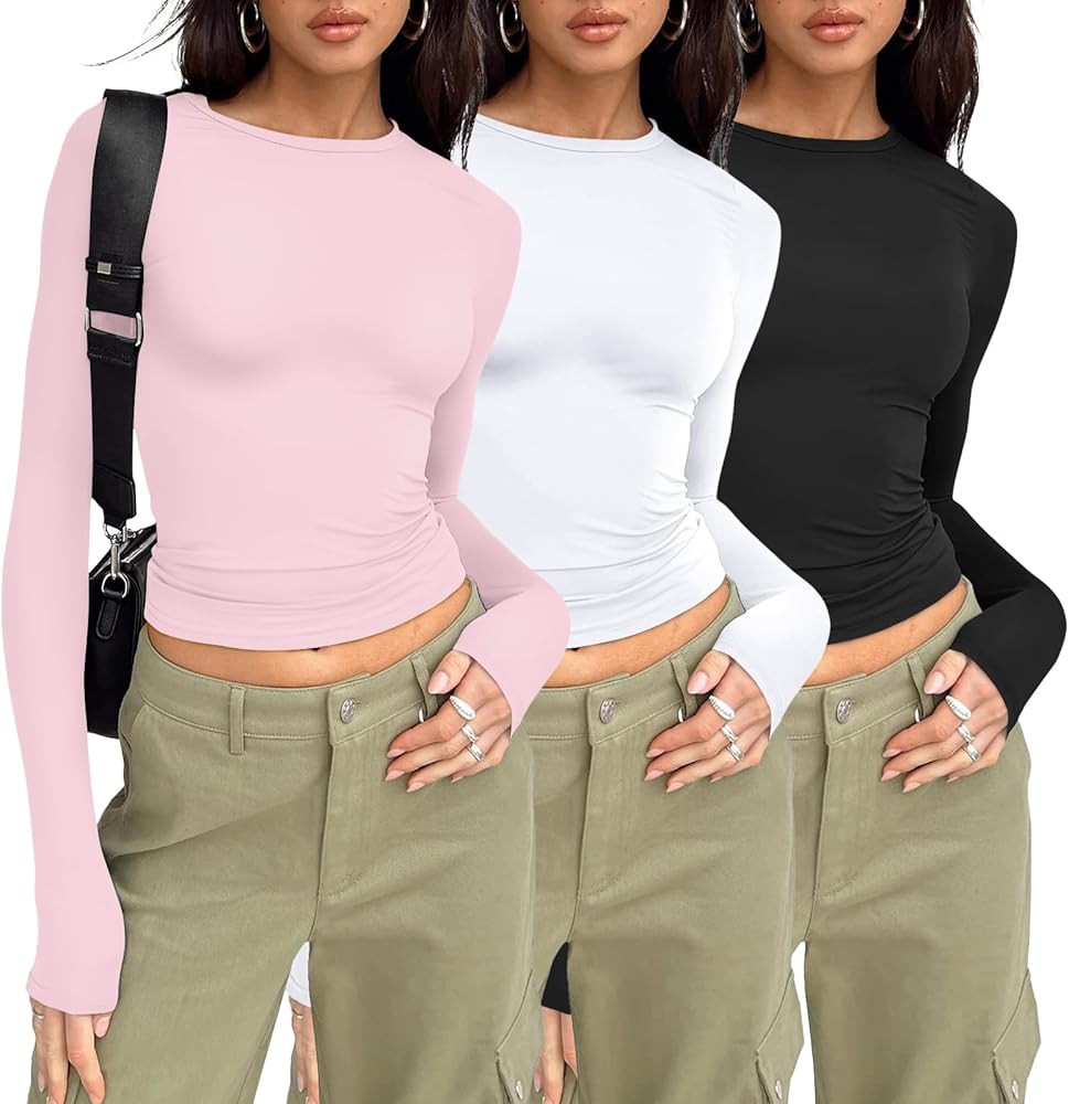 AUTOMET 3 Pack Womens Long Sleeve T Shirts Fall Fashion Basic Going Out Crop Tops Slim Fitted Win... | Amazon (US)