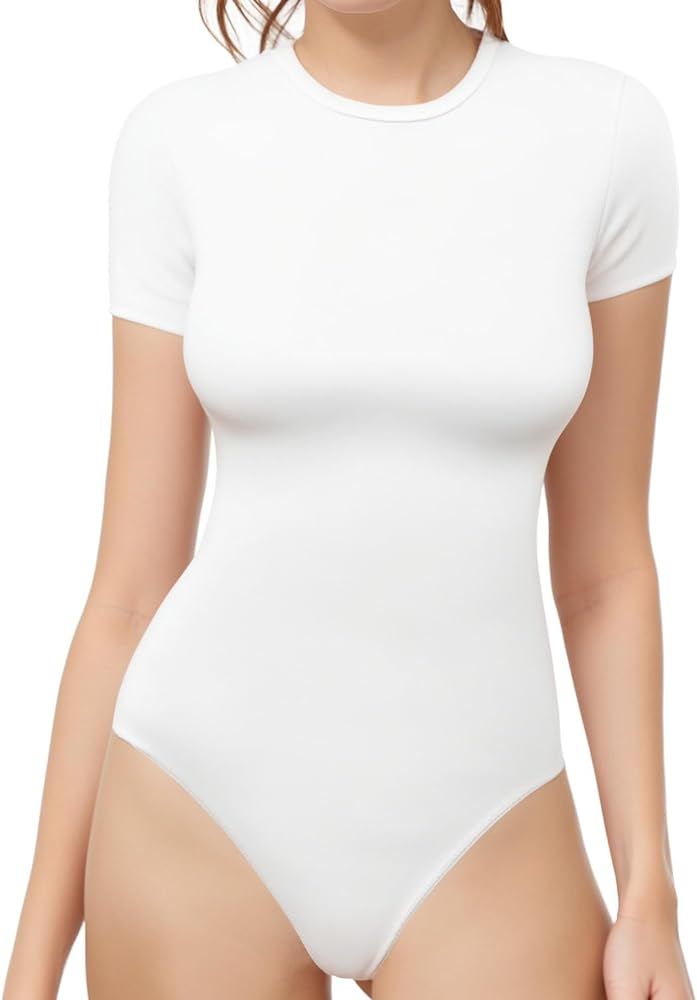 MANGOPOP Women's Crew Neck Short Sleeve Bodysuit Basic T Shirts Tops | Amazon (US)