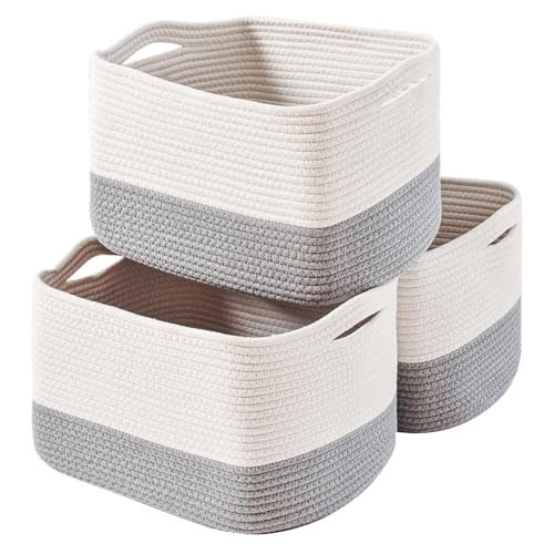 ICERZCZ Storage Baskets for Organizing Shelves, Woven Cotton Rope Bins for Baby Nursery Organization, Book Toy Towel Organizer, 15"x11"x9.5", 3 Packs, Off White & Grey | Amazon (US)