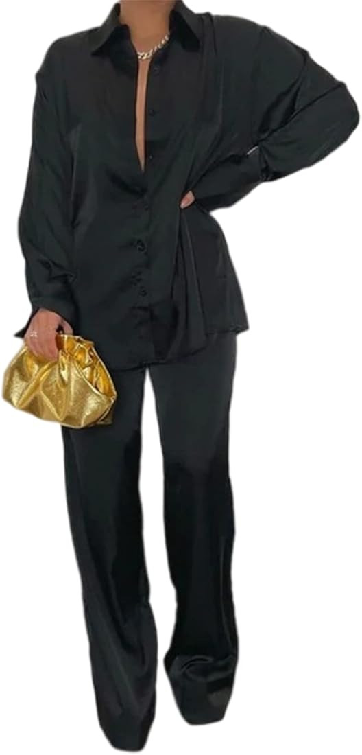 Satin Two Piece Outfits for Women - Silk Long Sleeve Button Down Wide Leg Loungewear Pajama Set F... | Amazon (US)