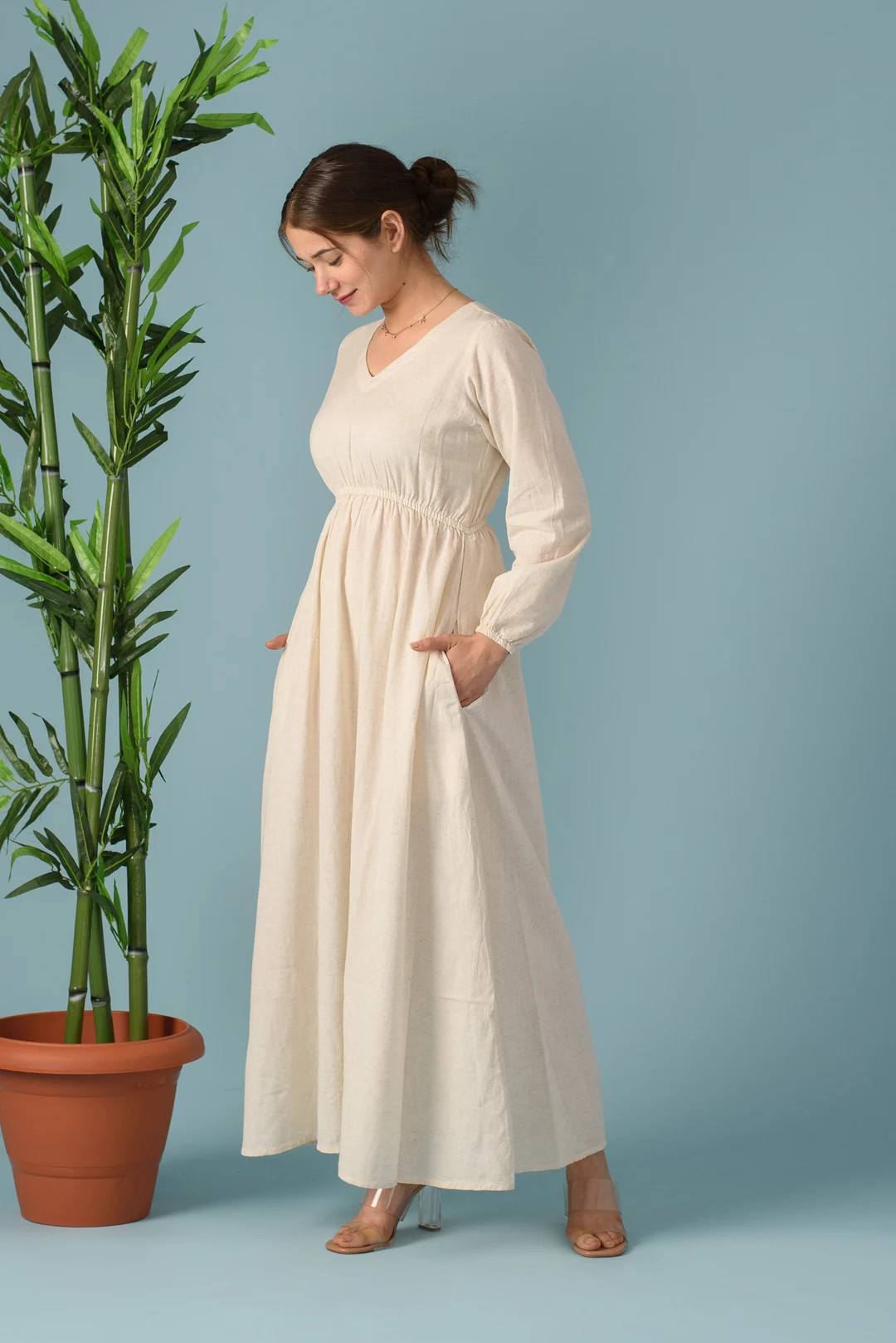 Boho Linen Maxi Dress: Empire Waist Long Sleeve Gown | Etsy (US)