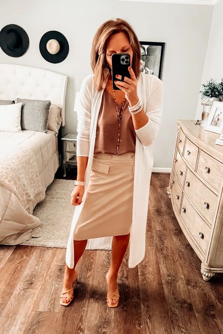 Loving this pencil skirt from NY&Co with the sheer duster. Skirt fits tts, has some stretch and fits tts. 

Workwear outfit, dressy casual, skirts, cardigans, duster, amazon fashion, amazon finds, The Drop, Target camisole, business casual, fall outfits, fall work wear, sale, fashion over 40

#LTKunder50 #LTKsalealert #LTKworkwear